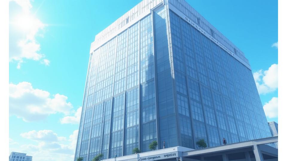 東京渋谷のモダンなオフィスビル外観とRyoba Compassのロゴ