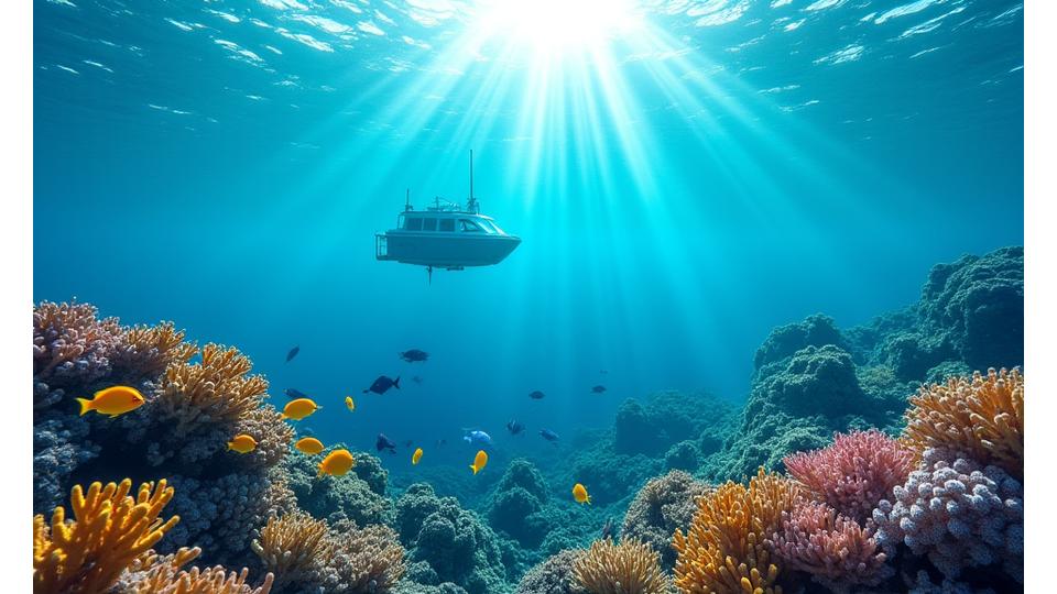 透明で豊かな熱帯の海とサンゴ礁、環境に優しい技術が海を損なわずにデータを収集している様子