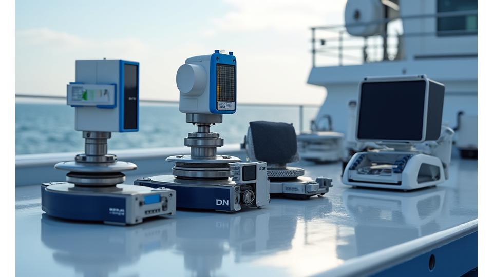 最先端のマルチビームソナー、RTK-GPSアンテナ、音速プロファイラーが研究船のデッキに設置されている