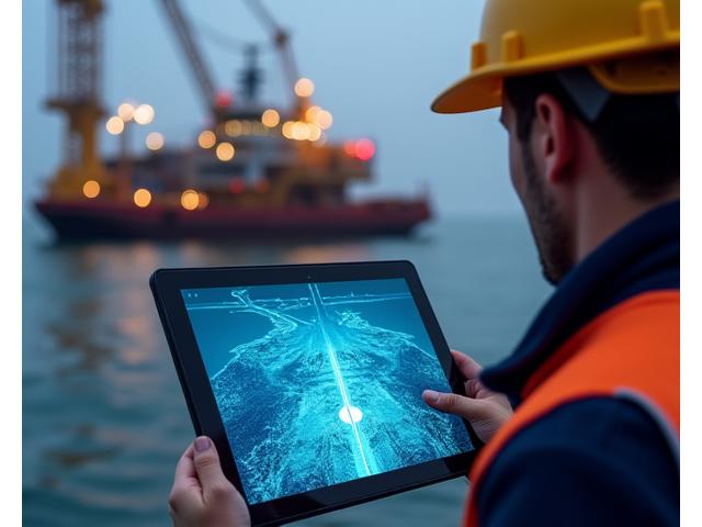 海底パイプラインの敷設現場、詳細な海底地形データがプロジェクトマネージャーのタブレットに表示されている