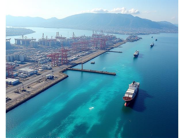 大型船舶が行き交う近代的な港湾の俯瞰図、その海底に詳細な測深データが重ねて表示されている