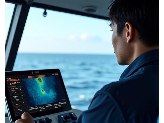 漁船が魚群探知ソナーを使用している様子