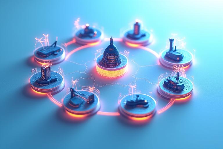 Ryoba Compassの包括的なサービス概要図。精密海図作成、バスバイオ測量、魚群探知ソナー、ナビゲーションソフト開発など8つのサービスが円形に配置され、中心にRyoba Compassのロゴがある。